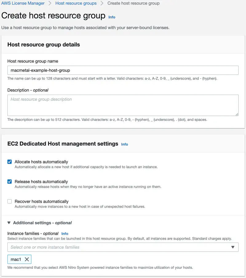 Host resource group configuration values