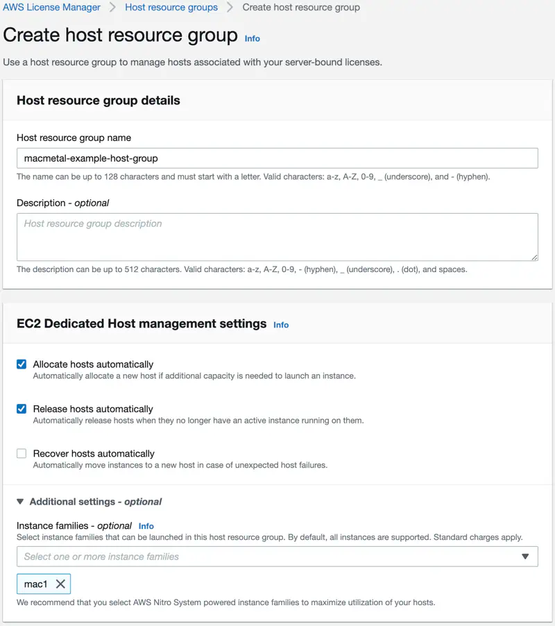 Host resource group configuration values
