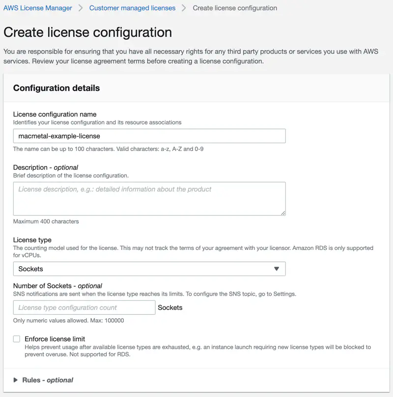 Licence configuration values