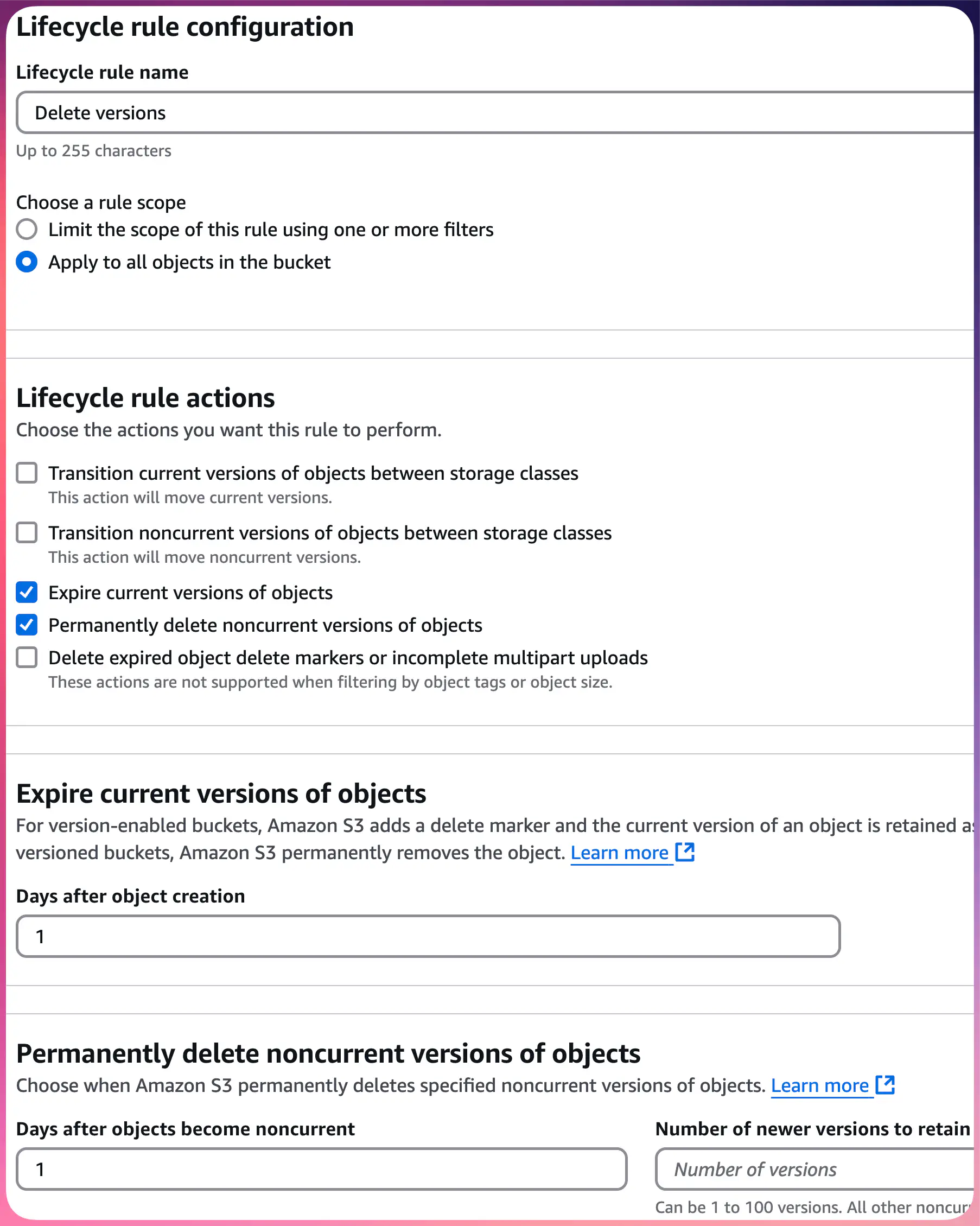 S3 Lifecycle Rule: Delete Versions