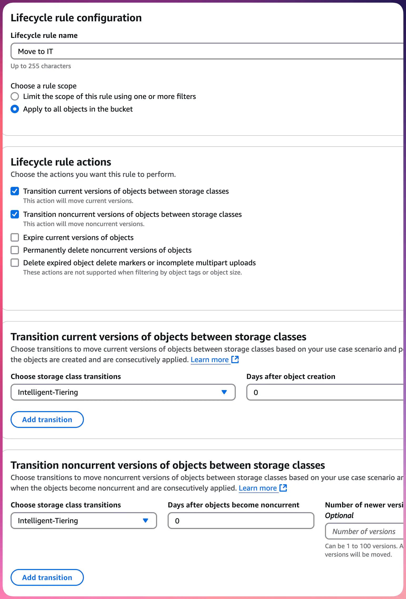 S3 Lifecycle Rule: Move to Intelligent-Tiering