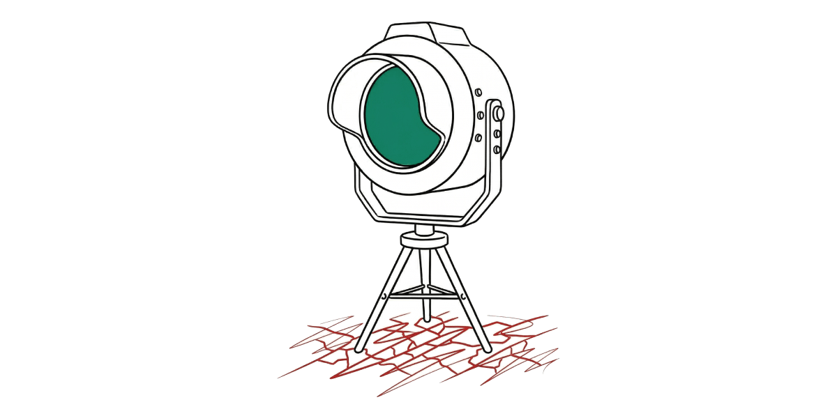 A green spotlight on a tripod standing on cracked red ground